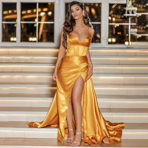 Gold Sweetheart Prom Dresses Satin Long Evening Gown Sexy