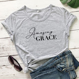 Amazing Grace 100%Cotton T-shirt Scripture Women Christian Tshirt Casual Short Sleeve Jesus Religion Graphic Tees Tops Drop Ship