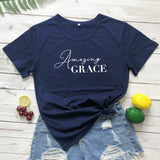 Amazing Grace 100%Cotton T-shirt Scripture Women Christian Tshirt Casual Short Sleeve Jesus Religion Graphic Tees Tops Drop Ship