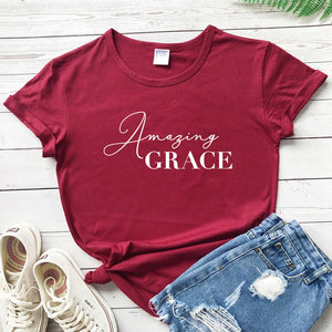 Amazing Grace 100%Cotton T-shirt Scripture Women Christian Tshirt Casual Short Sleeve Jesus Religion Graphic Tees Tops Drop Ship