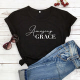 Amazing Grace 100%Cotton T-shirt Scripture Women Christian Tshirt Casual Short Sleeve Jesus Religion Graphic Tees Tops Drop Ship