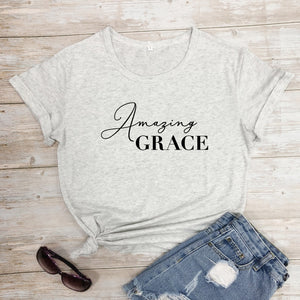 Amazing Grace 100%Cotton T-shirt Scripture Women Christian Tshirt Casual Short Sleeve Jesus Religion Graphic Tees Tops Drop Ship
