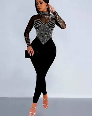 Hot Drilling High Neck Long Sleeve Slim Fit Party Jumpsuit-Black Black-S Hot Drilling High Neck Long Sleeve Slim Fit Party Jumpsuit-Black Black-S