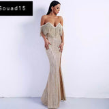 Sexy Elegant V Neck Off Shoulder  Tassel Glitter High Split