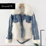 Winter Ladies Fox Fur Patchwork Denim Fur Coat Warm Jackets