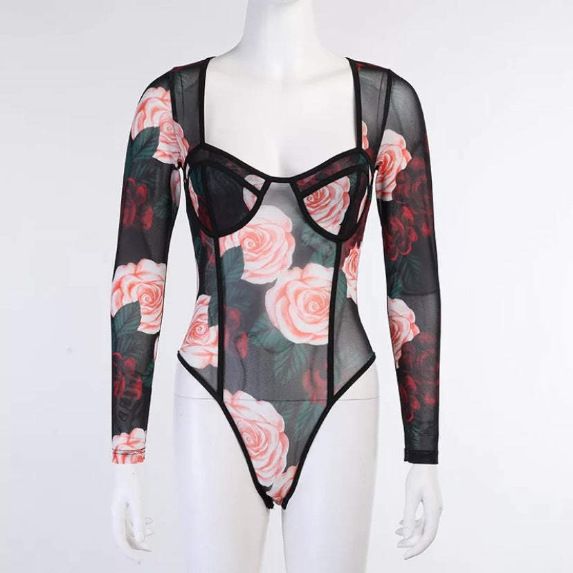 Women Floral Print Long Sleeve Skinny Bodysuit