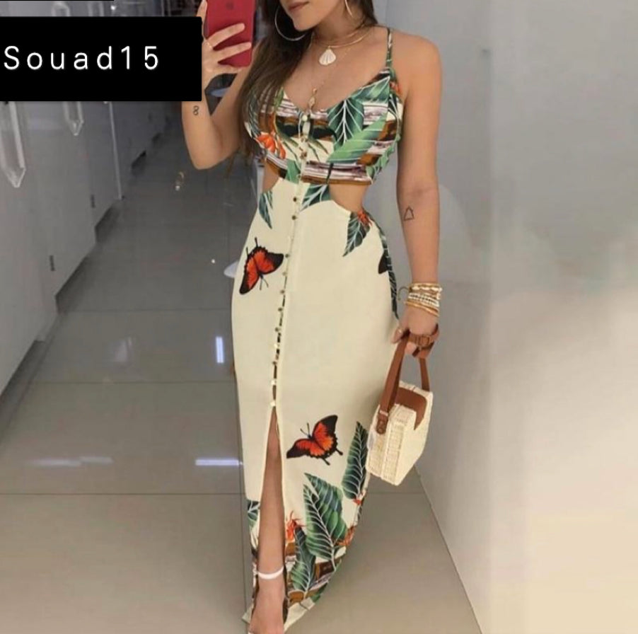 Spaghetti Strap Tropical Print Cutout Dress  Women Dress