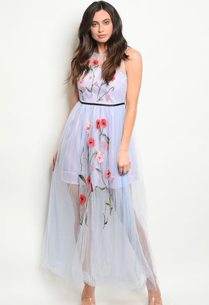 BLUE WITH FLOWER EMBROIDERY DRESS
