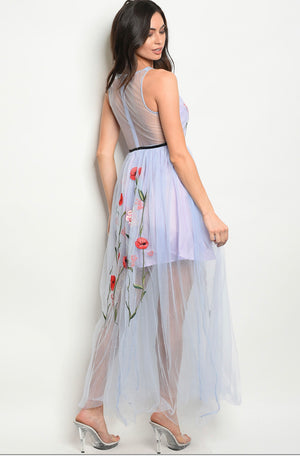BLUE WITH FLOWER EMBROIDERY DRESS