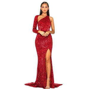 Sexy Backless Red Sequined Maxi Dress One Shoulder Split Leg Floor