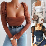 Women Sexy Casual Solid Color Mesh Patchwork Puff Sleeve Ruched Blouse