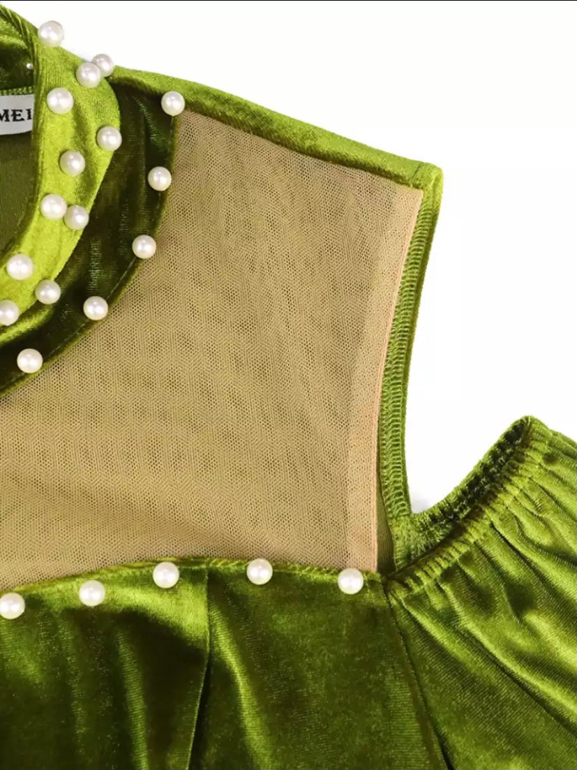 Elegant long sleeve dress Velvet Cut Out Beading Slit Long