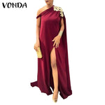 Women Off Shoulder Dress 2022 VONDA Vintage Solid Color Embroidery Long Maxi Dresses Bohemian Sundress Front Fork Party Vestido