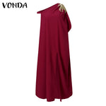Women Off Shoulder Dress 2022 VONDA Vintage Solid Color Embroidery Long Maxi Dresses Bohemian Sundress Front Fork Party Vestido