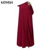 Women Off Shoulder Dress 2022 VONDA Vintage Solid Color Embroidery Long Maxi Dresses Bohemian Sundress Front Fork Party Vestido
