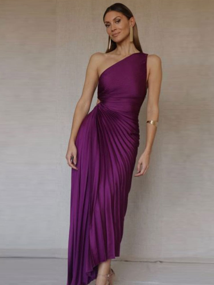 fitted lace wedding dress Mac Duggal Women's Sequined Ruched One Shoulder Gown - Purple main image 0