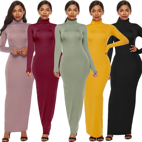 Plus Size S-5XL Long Sleeve Turtleneck Stretchy Long Dress 2019 Summer