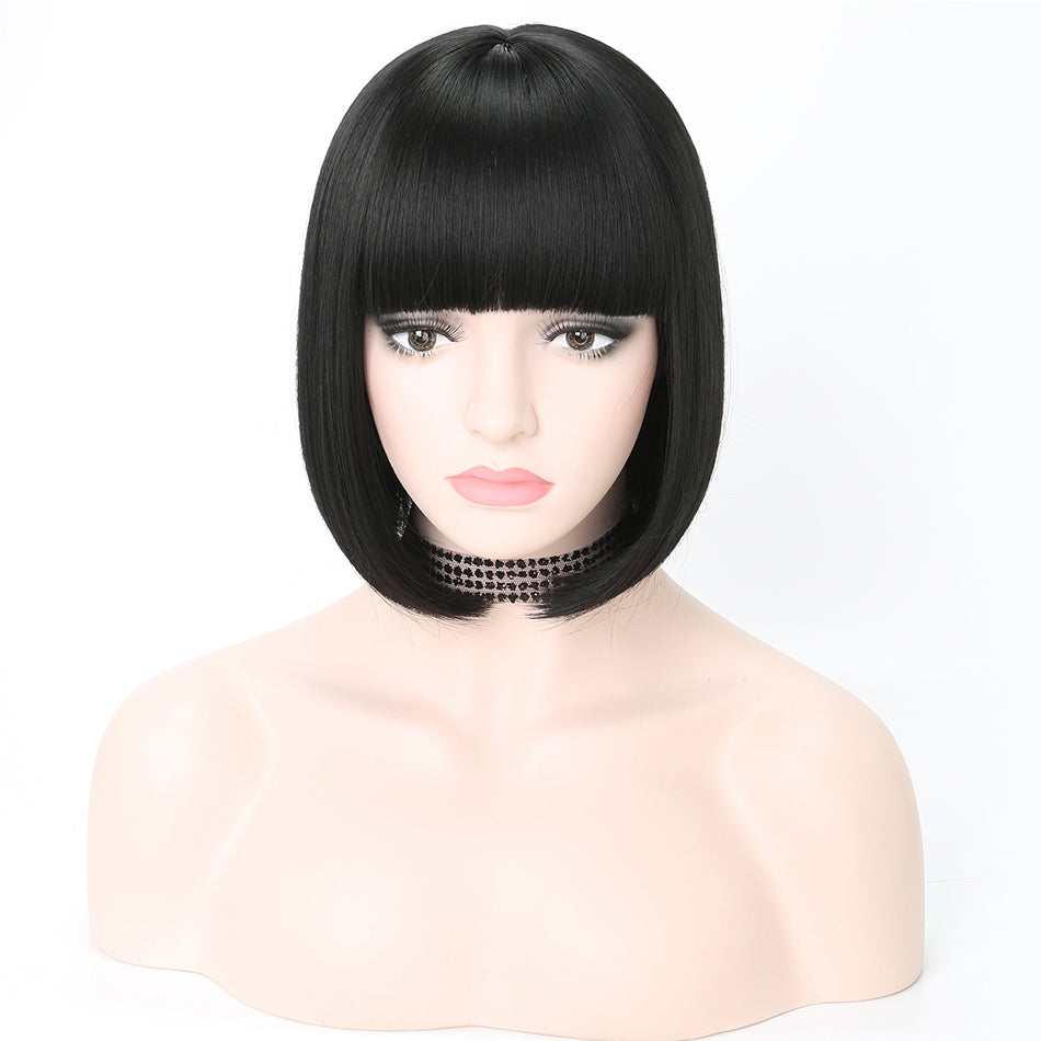 Short Synthetic Bob Wigs With Bangs For Women  Heat Resistant