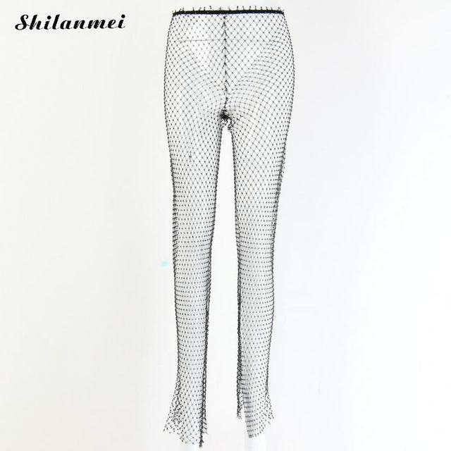 High Waisted Diamante Fishnet Legging Trousers White