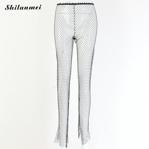 Sparkle High Waist Leggings Pants Embellished Mesh Diamante