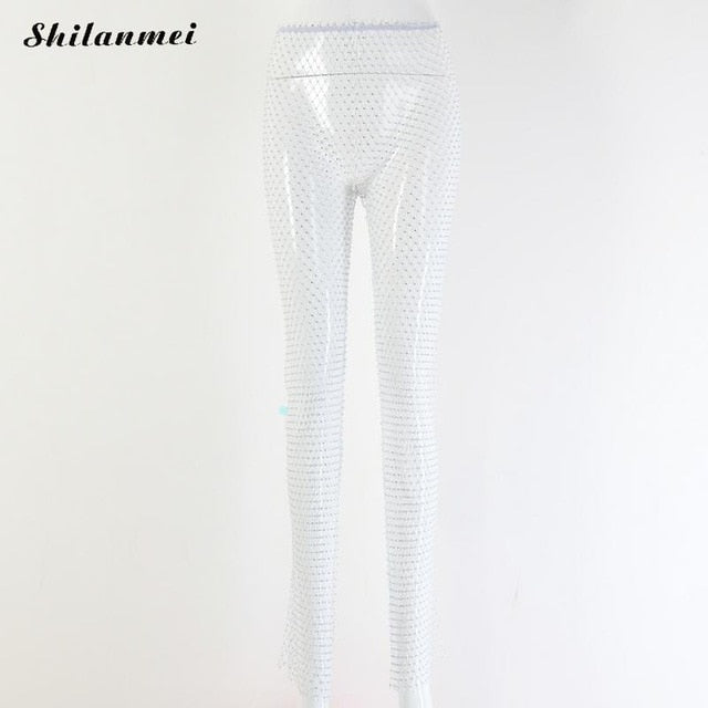 Sparkle High Waist Leggings Pants Embellished Mesh Diamante
