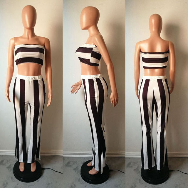 Striped Crop Top and Flare Pants Birthday Matching Suit 2 Piece Set