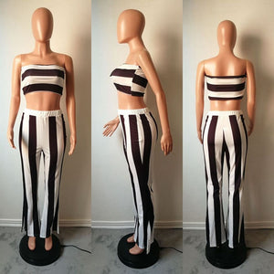 Striped Crop Top and Flare Pants Birthday Matching Suit 2 Piece Set