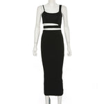 Sexy Sleeveless Crop Tops Long Midi Skirts Elastic Waist Solid  2 Piece Sets
