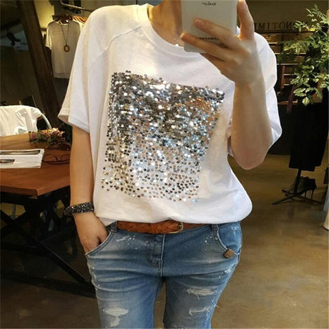 Cotton White Sequins T-shirt Female Short-sleeved Fitness