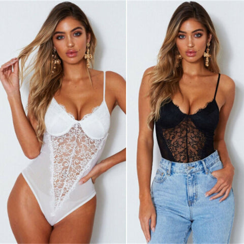 Womens Sexy Lace Bodysuit Sleeveless Floral Lingerie