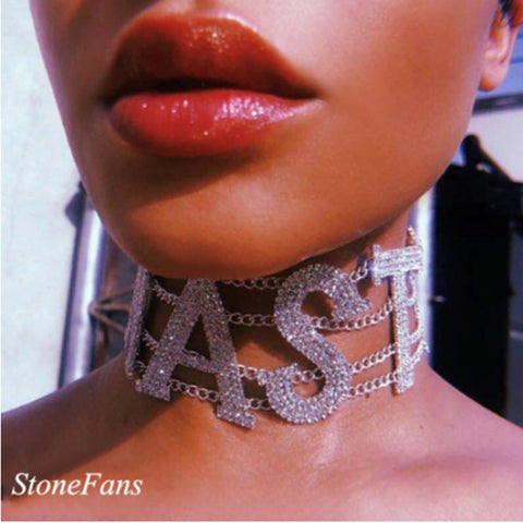 Shiny Rhinestone Choker Necklace Letter for Women FANCY Big Crystal