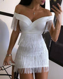 White Fringe Celebrity Evening Runway dress