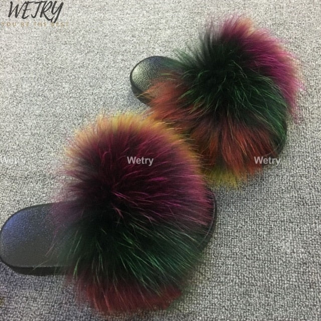 Women's  mixcolor Fur Slippers Fox Fur Sandals
