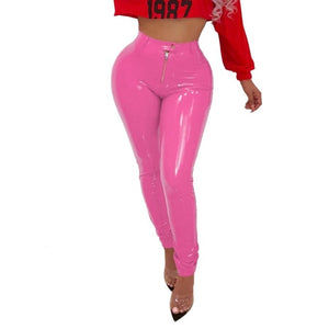 Warm Fleece Thicken PU Leather Pants Solid Highly Stretchy Mid Waist