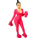 Women Sexy Solid Flare Jumpsuit Deep V Neck Long Bell Sleeve Casual