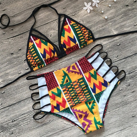 Sexy backless bikinis African Print Swimsuits High Waist Bathing Suit Halter