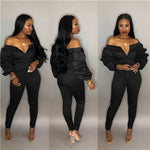 Autumn Women Casual Jumpsuit Zipper Slash Neck Off Shoulder Long Puff Sleeve Thick