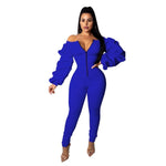 Autumn Women Casual Jumpsuit Zipper Slash Neck Off Shoulder Long Puff Sleeve Thick