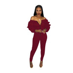 Autumn Women Casual Jumpsuit Zipper Slash Neck Off Shoulder Long Puff Sleeve Thick