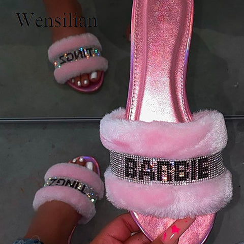 Fashion Women Slippers Fur Slides Flip Flops Baby Pink