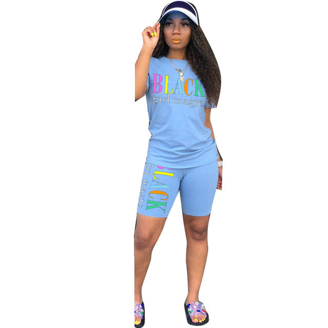 Letter Print Summer Casual Two Piece Set O Neck Short Sleeve