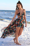Floral Print V Neck Women Maxi Dress Lace Up Summer Irregular Backless Beach Dress