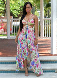 Floral Print V Neck Women Maxi Dress Lace Up Summer Irregular Backless Beach Dress
