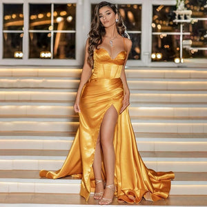 Gold Sweetheart Prom Dresses Satin Long Evening Gown Sexy