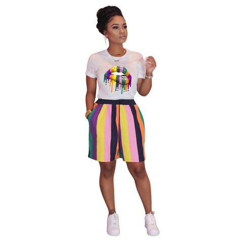 2020 Women Summer Casual Sets Mouth Stripe Print T-Shirt And Shorts