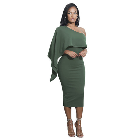 One Shoulder Sexy Bodycon Dresses Women 2019 Ruffle Solid