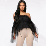 Women Off Shoulder Strapless Ruffle Tulle Tops Shirt Blouse