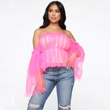 Women Off Shoulder Strapless Ruffle Tulle Tops Shirt Blouse