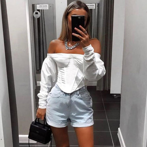 Fashion Women Off Shoulder Puff Sleeve Ruffle Peplum Shirt Crop Tops Autumn