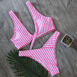 Pink Striped Bikini Knotted Swimsuit Women Biquinis Beach Thong Swimwear